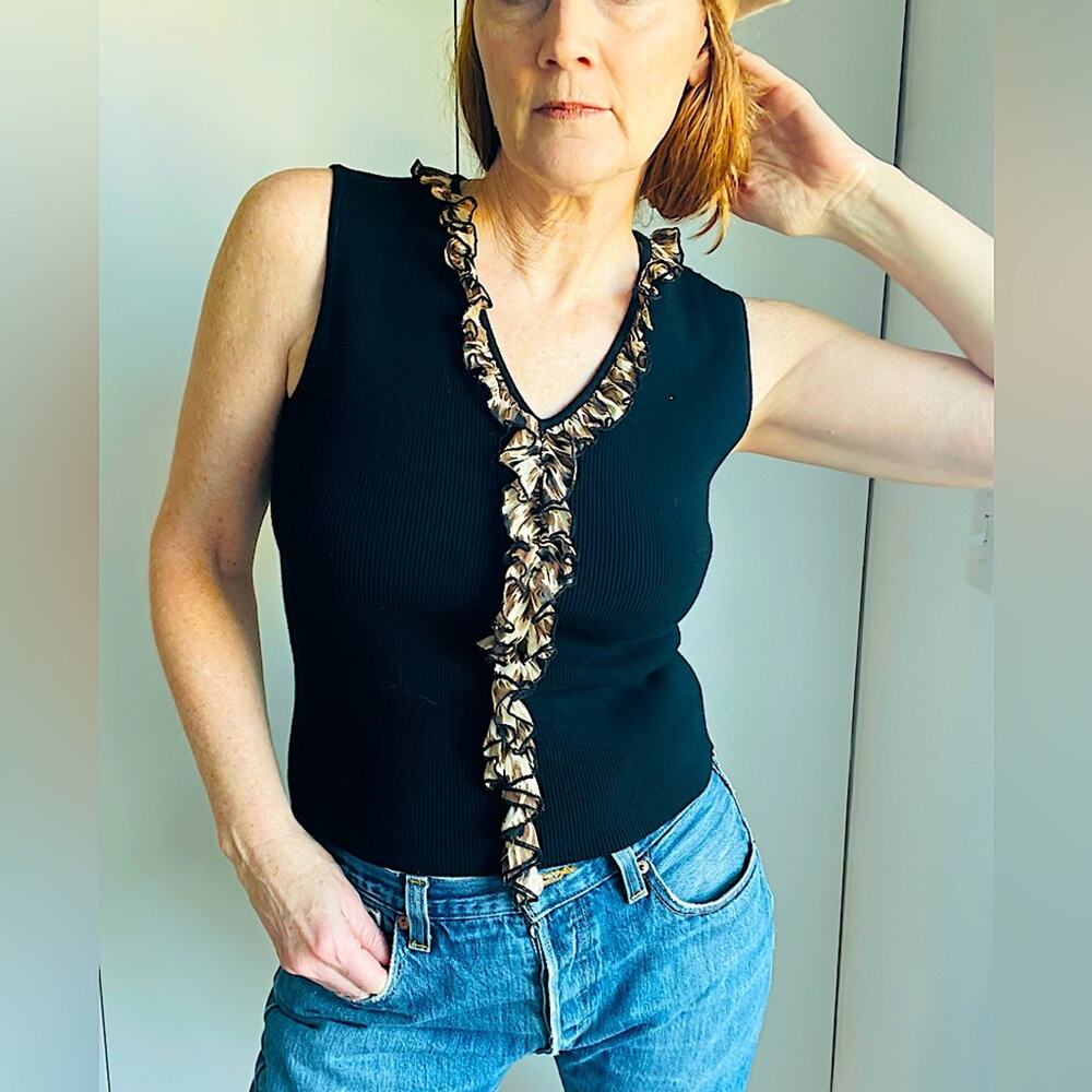 Vintage Ruffle Trim Ribbed Tank Top  Black & Animal Print Detail Y2K Glam